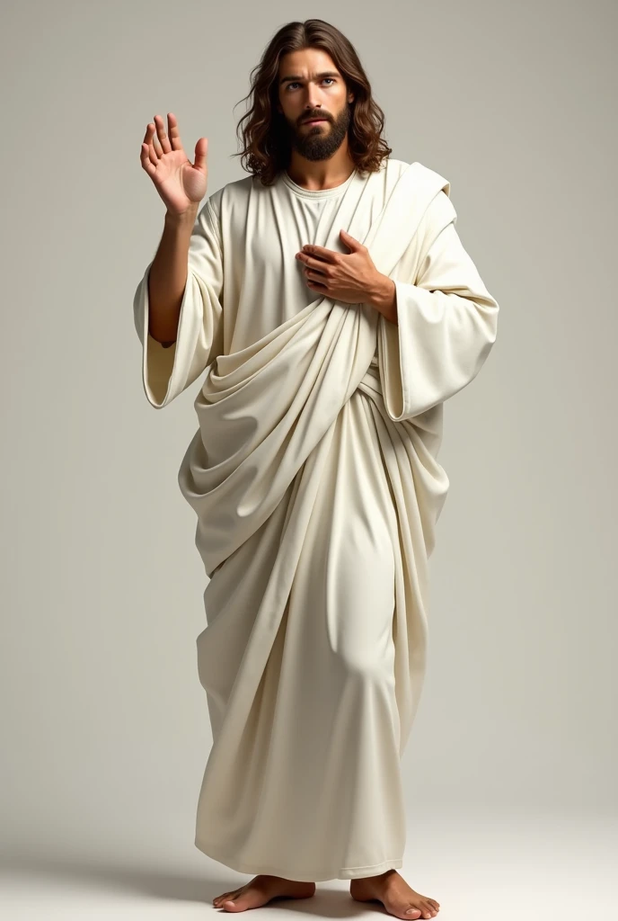 , Retrato de JesusChrist de corpo inteiro em pé, barefoot, JesusChrist, face of Jesus from the front, beautiful and serene impressive realistic, Jesus of Nazareth, White tunic, right hand raised in a blessing position and the left on his chest
