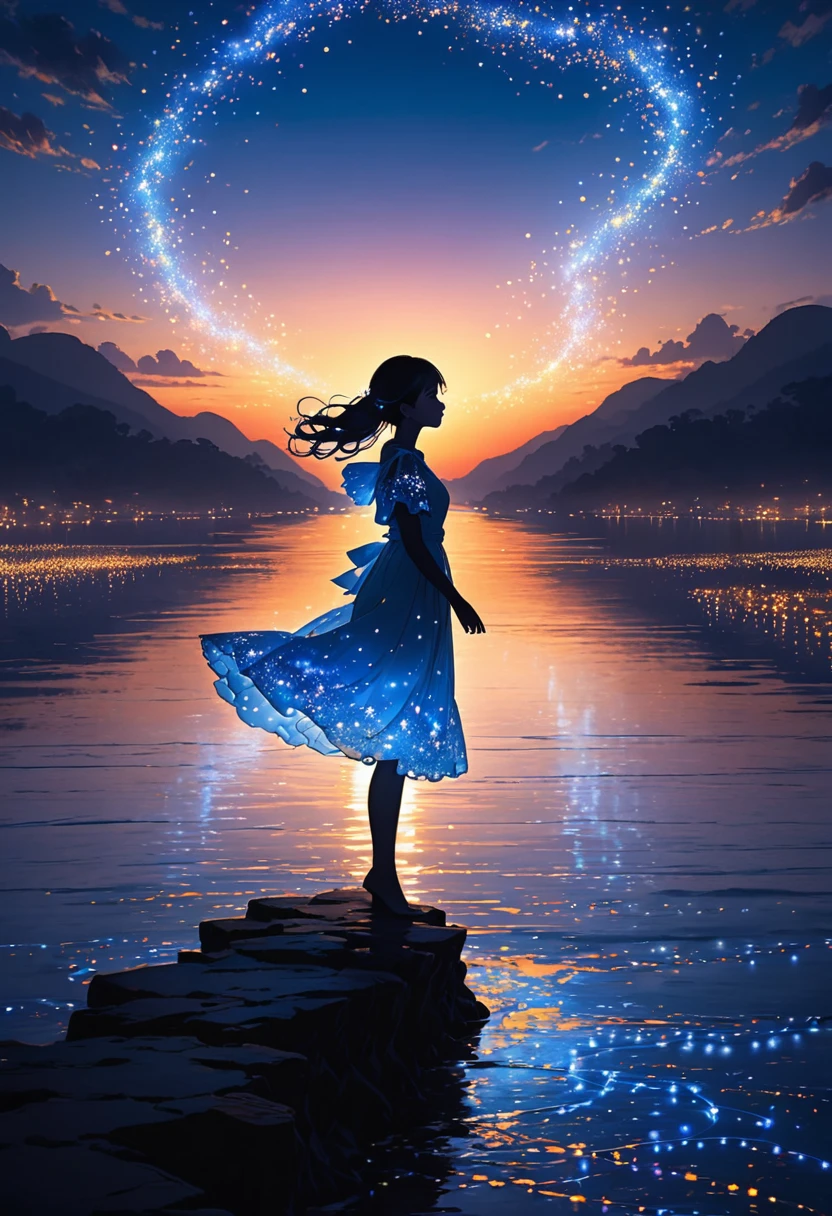 The image depicts a silhouette of a girl standing against a stunning sunset background. The sky transitions from a deep White, near the horizon to a deep Electric blue as it ascends. The figure appears to be enveloped in a series of tiny glowing fairy lights, some of which are illuminated, creating a stunning and captivating contrast to the dark silhouette. The figure appears to be holding out one arm, perhaps adjusting to or interacting with the lights. The overall mood of the image is peaceful and magical.