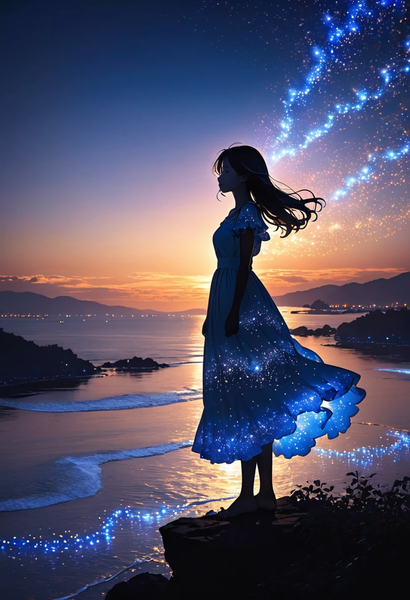 The image depicts a silhouette of a girl standing against a stunning sunset background. The sky transitions from a deep White, near the horizon to a deep Electric blue as it ascends. The figure appears to be enveloped in a series of tiny glowing fairy lights, some of which are illuminated, creating a stunning and captivating contrast to the dark silhouette. The figure appears to be holding out one arm, perhaps adjusting to or interacting with the lights. The overall mood of the image is peaceful and magical.