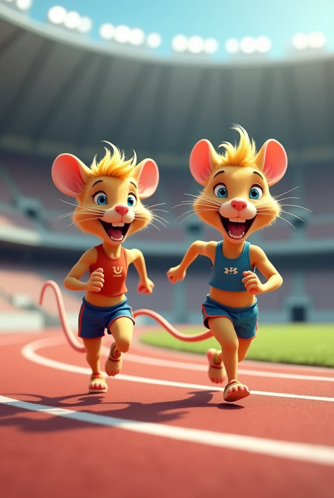 Two animal rats with blonde hair who are jogging around a stadium dressed in sportswear in a cartoon style