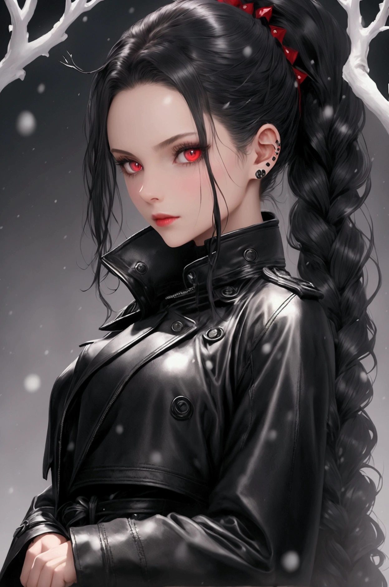 A girl in a long black leather trench coat, Black pants, Boots , a height 1.79,a black turtleneck blouse , Thin hands with silver nail guards that simulated sharp claws , red eyes/wine ,My hair as black as night tied in a perfect ponytail , On the right side you could see a black katana with red details on his face, a scar that crosses part of the left eye and my fine features and my snow-white skin., background a dark forest