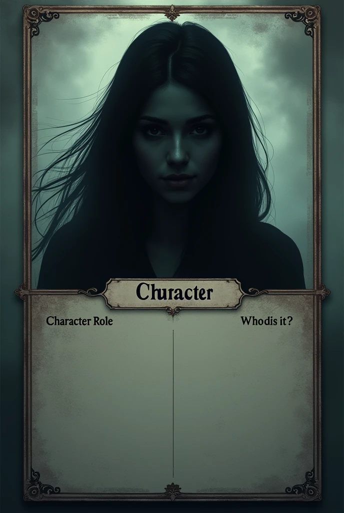 
I want you to create a template like dark to create the characters with those roles. Type you put in the character sheet template. card. And you put a little box with the shadow of someone&#39;s head and a question mark in it. That is, as a protected identity. And then you put down “Character Role”. And on the other side of the card you put &quot;Who is it??”. in Spanish. And you leave room for me to fill in the gaps. The shadow must be of a girl.