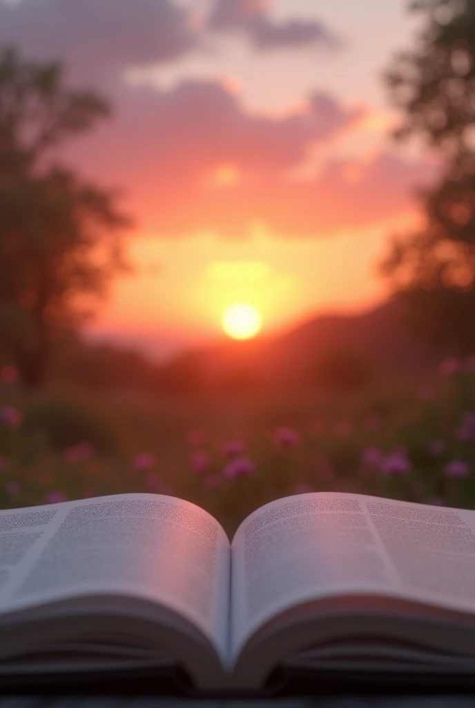 A blank book page with a sunset in the background