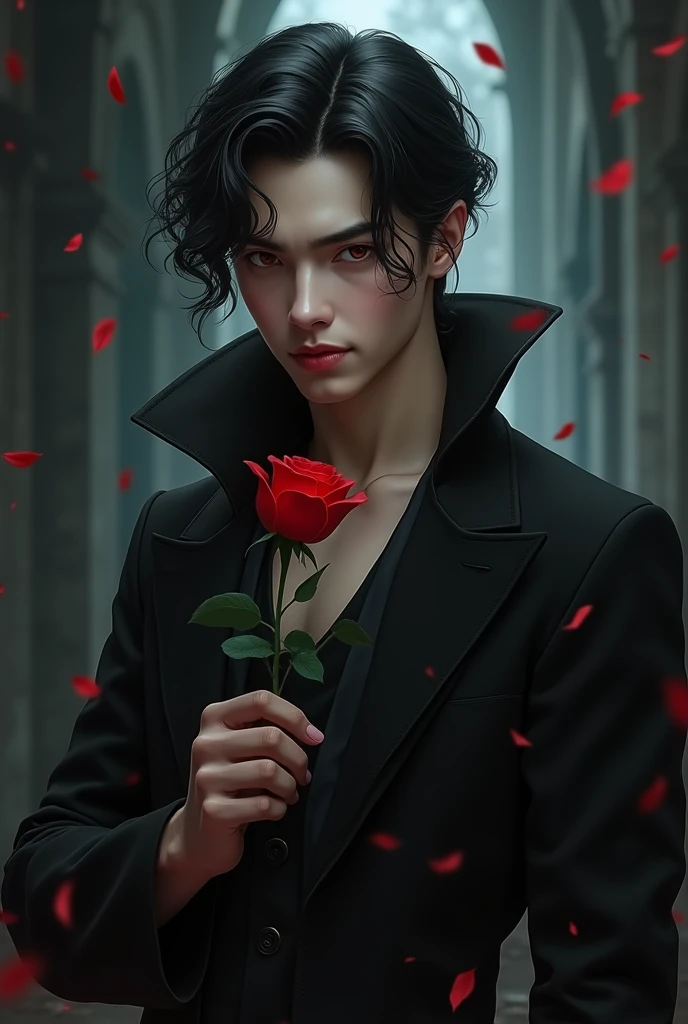 sexy male vampire, young, 19 years, Man, black hair and red eyes, sehr young, smile, smile, vampire teeth, holding rose pose, leaning back, lowering, Front facing