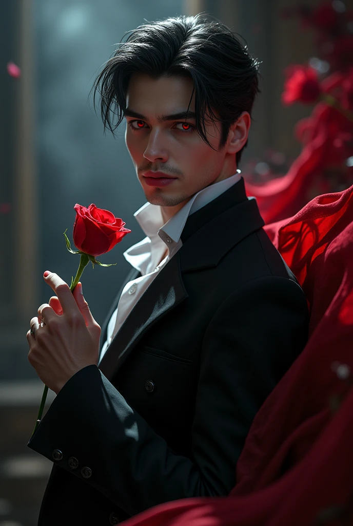 sexy male vampire, young, 19 years, Man, black hair and red eyes, sehr young, smile, smile, vampire teeth, holding rose pose, leaning back, lowering, Front facing