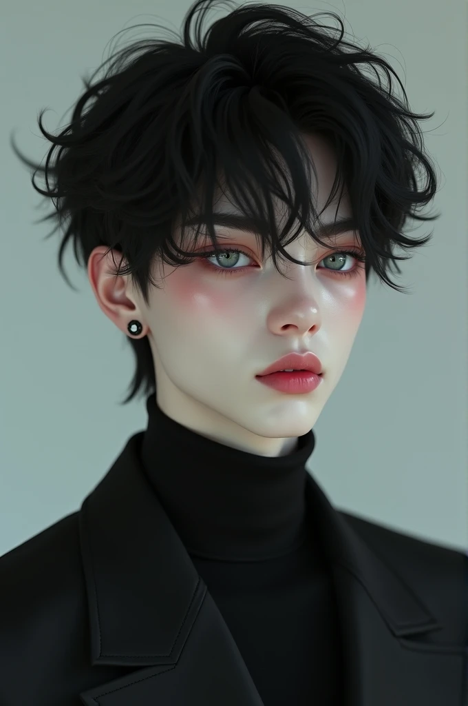 Hyperrealistic 1 boy with pale skin and jet black hair with a cold grey eye look who is extremely handsome and stylish