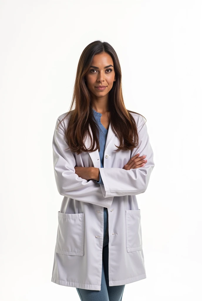 Woman in white coat, crossed arms, white background