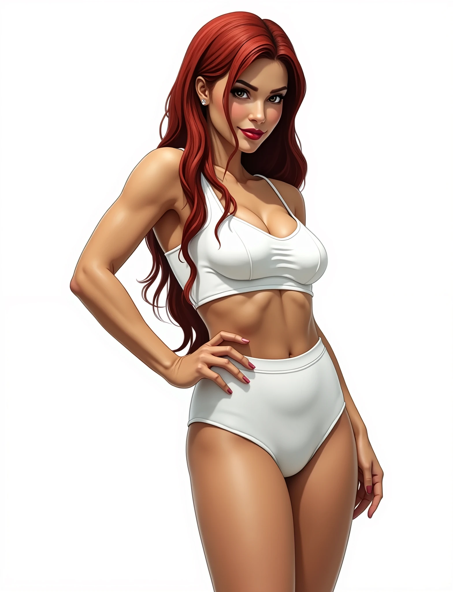 (masterpiece, best quality)), ((((perfect anatomy)))), Curvy Latina with long red hair, dark eyeshadow, dark red lipstick, white bra, (((big white hanes cotton panties))), (((Western cartoon style)))