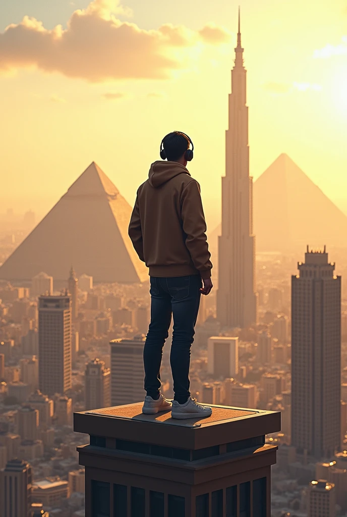 Man wearing headphones standing on a tall building looking at Cairo Tower and looking at the pyramids with his back to the camera 