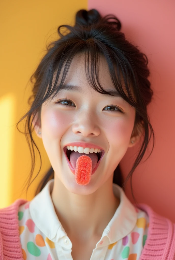 A very cute Japanese woman with her mouth open and tongue out showing a capsule-shaped gummy candy on her tongue、Gummy commercial、