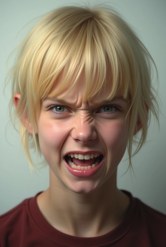 A young  with long blonde hair has a open mouth and is sweating laying to the ground
