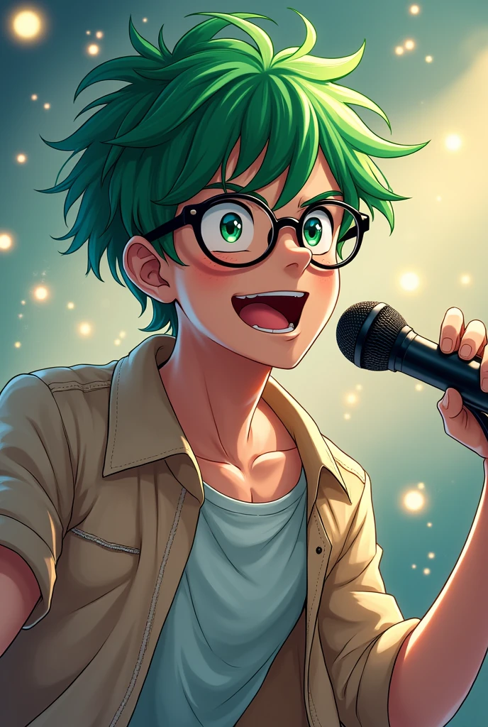 Cute young man with green hair and mashed hair, black-rimmed glasses, anime, casual clothes 歌っているところ