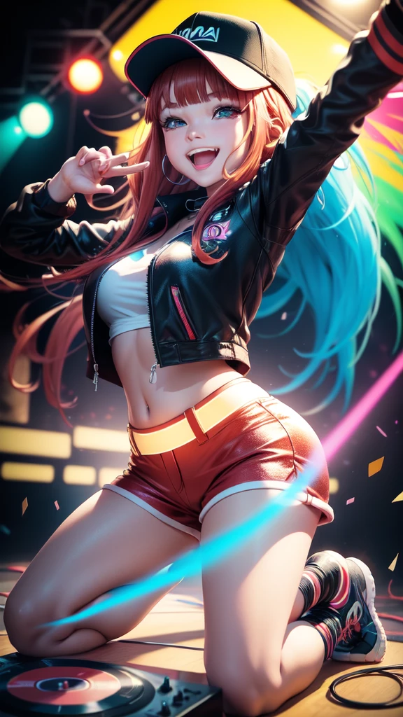 +sparkle+ 1_girlsolo, anime girl, long red hair, short bangs, baseball cap, red booty shorts, headphones, silver jacket,DJ turntable set,club lighting,stage,confetti,dancing,smiling,putting records on turntable,(best quality:1.2),(ultra-detailed:1.2),(realistic:1.37),HDR,vivid colors,portraits,shorts,jacketed figure,headphone girl,colorful lights,stage set,confetti raining,joyful expression,playing vinyl records,turntable setup,anime style, atmosphere,techno music,electronic dance music,festival vibes,hip hop beats,festival outfit,energetic dance moves,expressive eyes,hairstyle with vibrant colors,neon lights,beaming smile,positive vibes,high-energy performance,stylized backgrounds,colorful visuals,excitement in the air, dancing, nyan-nyan dance, fireworks in background, kneeling