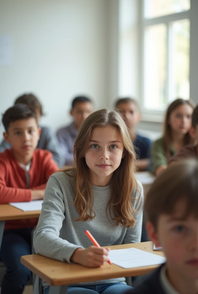 White classroom without the board focusing on the students (young people and adults) from the front paying attention to the camera