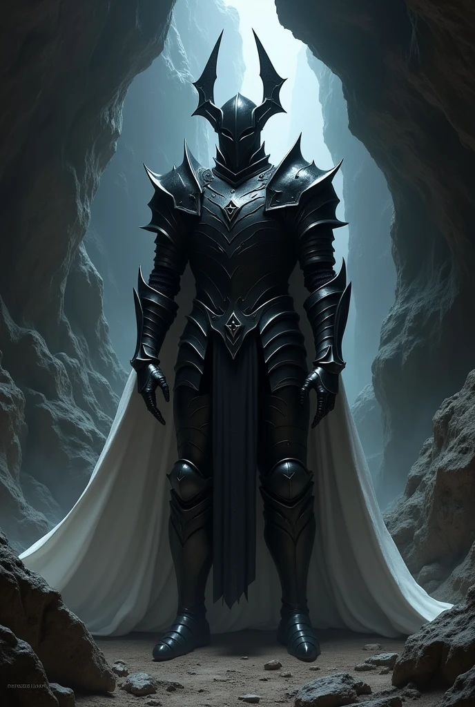 A dark warlord clad in black plate armor with a white cape, wearing an iron helmet adorned with bat wings on the sides. He stands inside a dimly lit cave, surrounded by jagged rocks and shadows that add to his menacing presence. The armor reflects the low light, emphasizing the warlord’s imposing figure in a low-magic medieval fantasy setting. The atmosphere is eerie and foreboding, enhancing the dark and mysterious nature of the scene.
