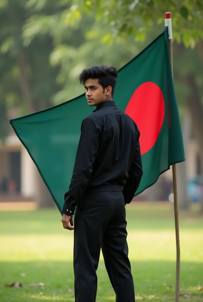 I am a boys College student. I stand arround the ground. And may hand a Bangladeshi flag.give me a Facebook cover phtho i wear a black dress.my name sohan show the dress back ground