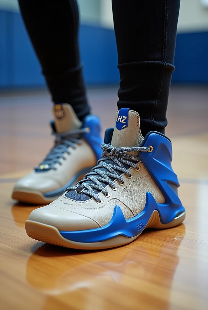 Basketball shoes, put the HZ brand, that have the best jumping technology and the best materials, that have beige and royal blue colors, that have the shape of a dolphin and that are low-cut. 