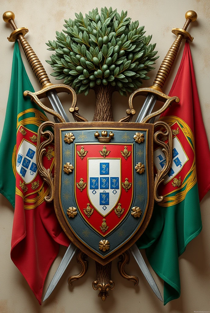 Coat of arms of the Oliveira Family, flags of Portugal and Brazil, olive tree, Elmo, swords, tails, Hyper-Realism, 3d, heraldic, vintage, metals