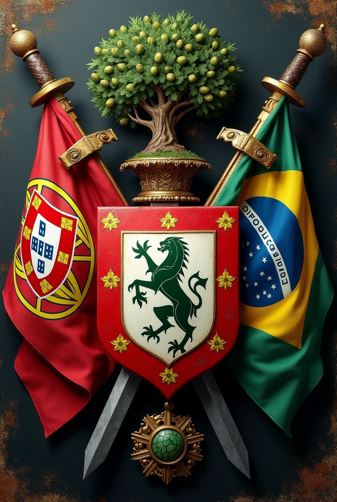 Coat of arms of the Oliveira Family, flags of Portugal and Brazil, olive tree, Elmo, swords, tails, Hyper-Realism, 3d, heraldic, vintage, metals
