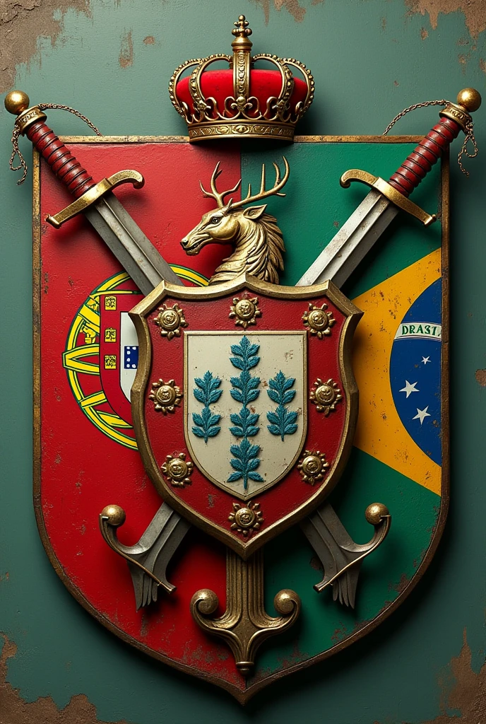 Coat of arms of the Oliveira Family, flags of Portugal and Brazil, olive tree, Elmo, swords, tails, Hyper-Realism, 3d, heraldic, vintage, metals