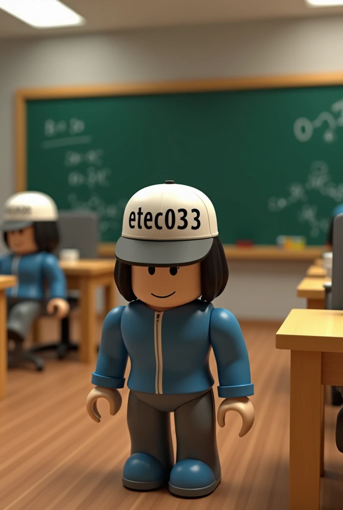 Roblox with hat written Etec033 on school and board