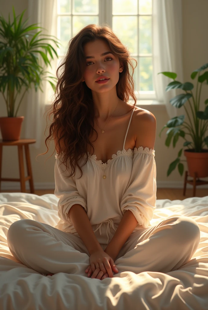 (photorealism:1.2), beautiful woman, sitting on bed, wearing loose off-shoulder top, pajama pants, long curly hair, indoors, soft lighting, plants in background, window with sunlight, cozy room, relaxed pose, realistic, intricate details, warm colors, by Greg Rutkowski, by Alphonse Mucha