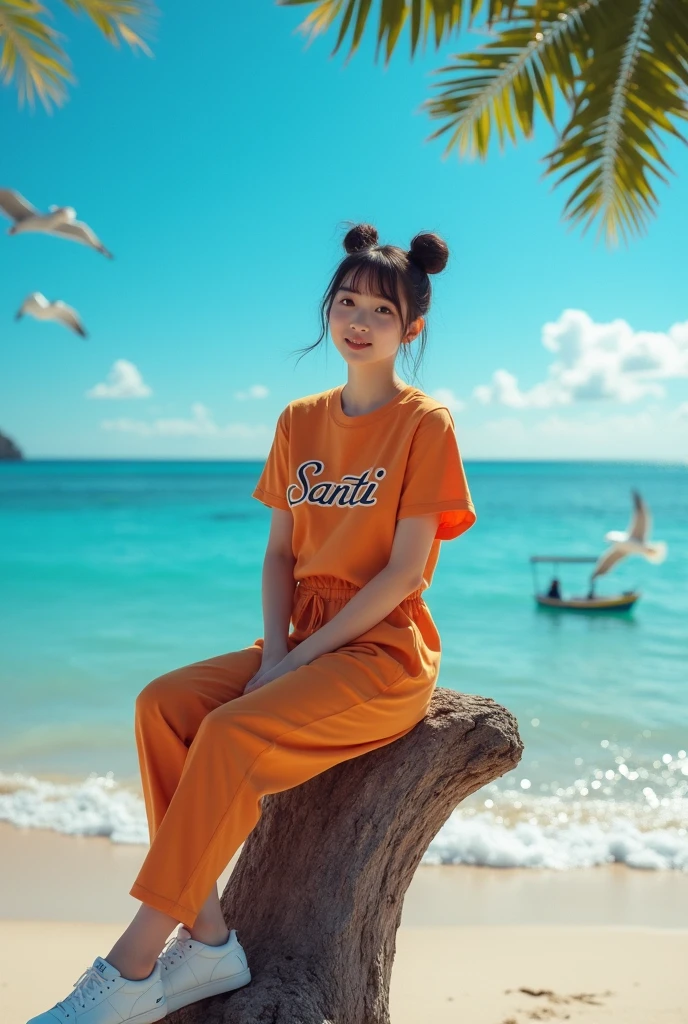 beautiful indonesian girl , smooth white skin, well-groomed face,Korean style bun hair with bangs, orange t-shirt with Santi logo motif, (celana jumpsuit ) warna coklat ,sunglasses white shoes, pose sitting on top of a tree on the beach, under the bright blue sky, facing the blue sea, seagulls flying in large numbers,there seems to be a fishing boat, orang-orang sedang foto-foto di pantai.. Ocean waves hit the beach.. The view of the beach is amazing.beautiful and blue.. Realistic original photo