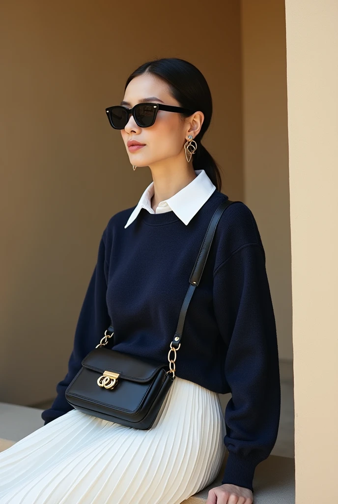 avant-garde photography of a middle-aged flyweight woman as ((star navigator)) with ((low fade haircut)) adornata with (ear cuffs), vestita with occhiali da sole scuri, camicia bianca with colletto, navy blue sweater, white pleated skirt, borsa a tracolla nera with hardware dorato, beige walls, external environment, architectural features, sitting, relaxed, looking aside