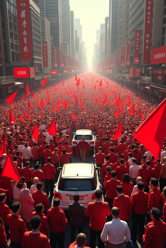 A city center seen from above:crowd with 1 million people dressed in red and white with flags around the car walking forward and a car in the middle of the people with 7 politicians in the background and another car behind