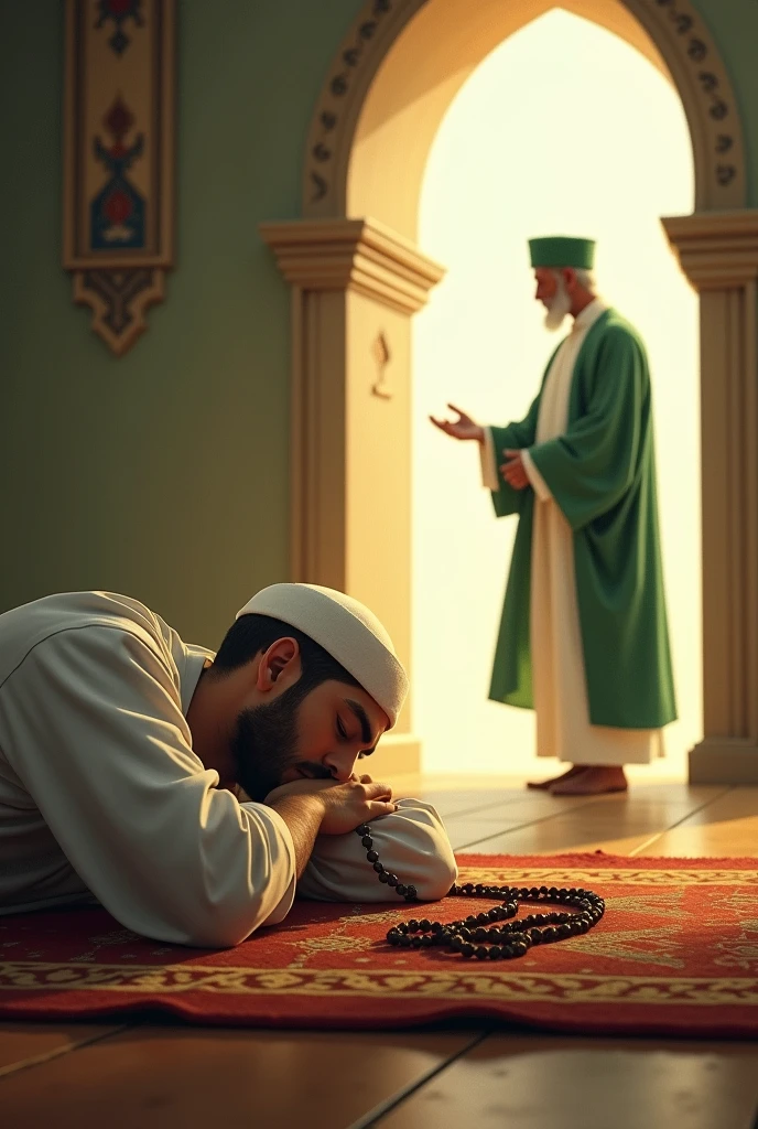 1.pemuda tertidur diatas sajadah masih memegang tasbih dan berbaju muslim A young man dreamed that he was sitting and was invited by a man with a green turban and a green and white robe into a bright room while holding out his hand.