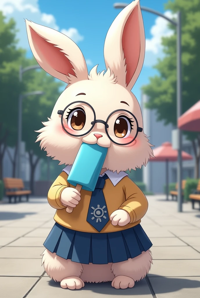 A furry rabbit with glasses wearing a teenage anime style uniform is sitting upright and eating a blue popsicle.