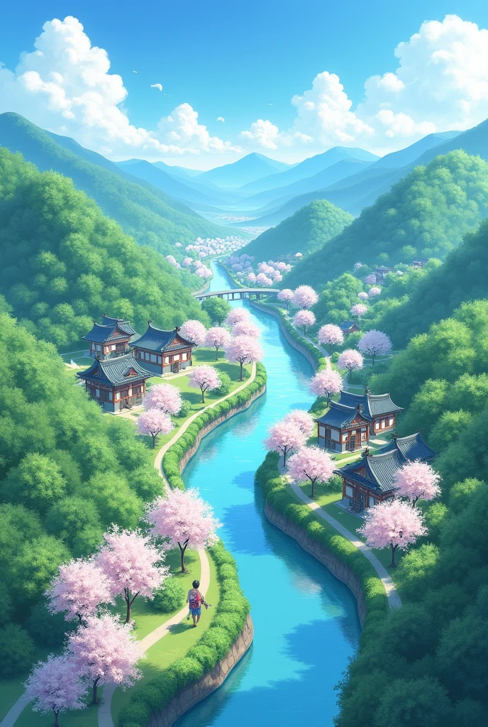 Draw a river with a small village, anime beautiful peace scene, very beautiful landscape, landscape artwork, landscape art detail, very beautiful digital art, beauty of natural landscape, beautiful art UHD 4 K, very beautiful photos, beautiful nature, landscape wallpaper, really beautiful nature, beautiful digital artwork, beautiful background, cherry blossom trees, anime style