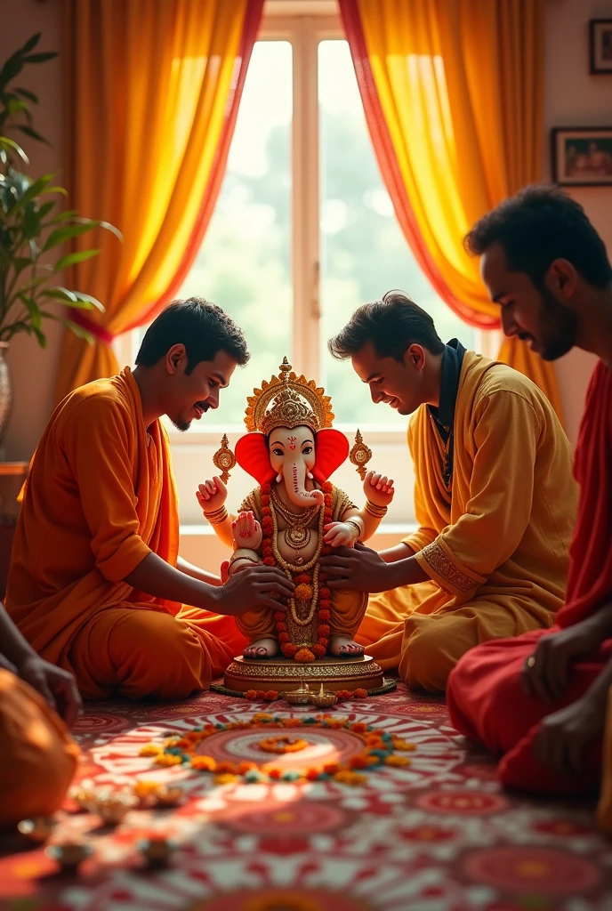 Create an image of Rajan, a 20-year-old Indian boy, standing in a traditional temple, offering a plate of flowers and sweets to a large statue of Lord Ganesha. He is dressed casually in a t-shirt with ‘jay shukla’ printed on it. The temple surroundings are adorned with oil lamps and marigold garlands, creating a serene atmosphere.”