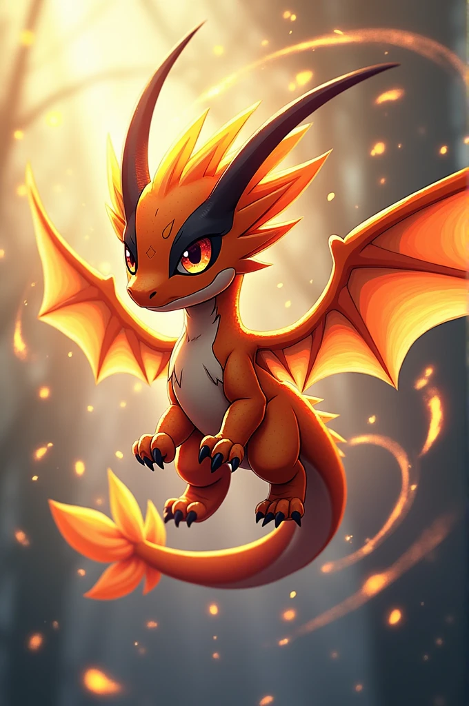 Here is a Digimon, that good to
### **name:** Falamon
**Level:** Rookie (kid)
**Typ:** Wind and Element Digimon
**容姿:** Falamon is a small, dynamic dragon with bright orange scales and black, curved markings. It has a windy aura around it, which is constantly in motion. Its wings are translucent and look like shimmering wind streams. It has great, shining eyes, which have the same orange color as Bill's eyes.
**skills:**
- **Windhauch:** Falamon can generate wind currents, which can be used for both attack and defensive purposes. It can perform quick and precise attacks with sharp wind blades.
- **Air shield:** Creates a protective shield of air currents, who can fend off attacks and protect Falamon and Bill from danger.
- **Elementary connection:** Falamon can use the elements air, Light and darkness play, which enables him, to strengthen the powers of Yin and Yang, the Bill can control.
**Development:**
**1. Level:**
**name:** Galleon
**Level:** Champion (adult)
**Typ:** Sturm-Digimon
**容姿:** Galleon ist ein größerer Drache mit kräftigen Windflügeln und einer leuchtenden Aura um seinen Körper. It has fiery orange-yellow scales and black, stormy patterns.
**skills:** Galleon kann mächtige Sturmschläge erzeugen und Tornados kontrollieren. It can also combine its powers with light and darkness energies, to create increased attacks.
**2. Level:**
**name:** Tempestmon
**Level:** Ultimate (adult)
**Typ:** Sky Digimon
**容姿:** Tempestmon is a majestic, storm-like dragon with huge, translucent wings, that look like a sky of light and darkness. Its body is a mixture of bright gold and deep black, which shows a strong connection to Yin and Yang.
**skills:** Tempestmon can influence the atmosphere, extreme Wetterbed