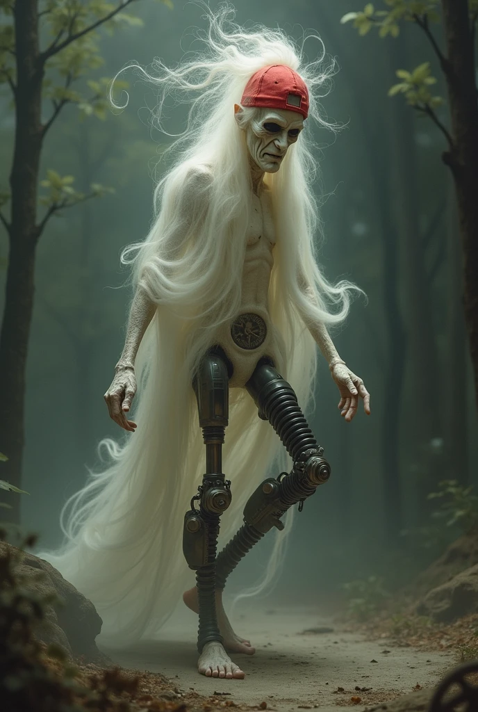 Create an image of a saci perere,offwhite,with mechanical leg