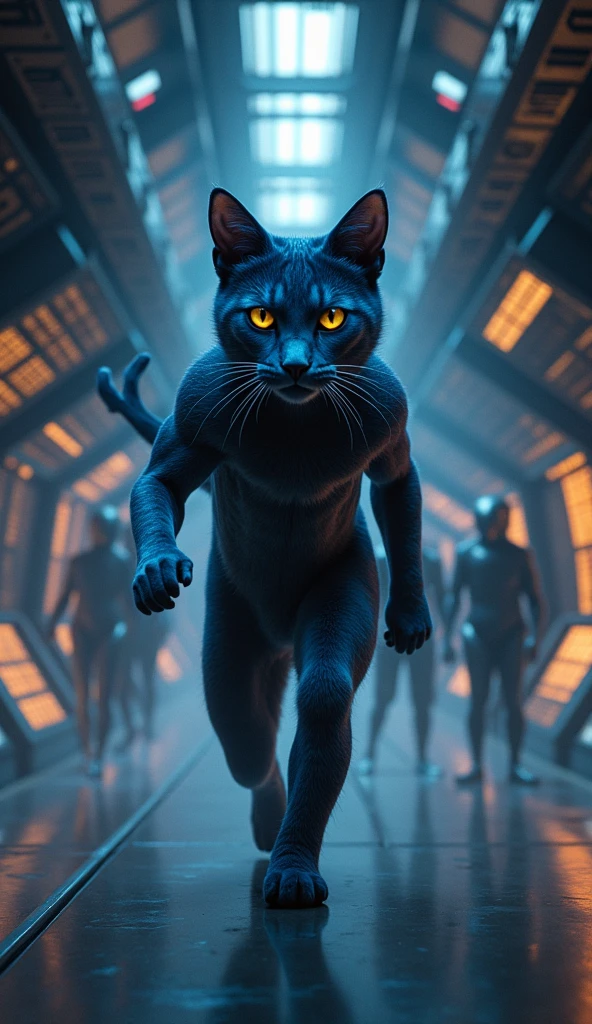 Inside the Spaceship: Luna the muscular cat stealthily navigates the dark, futuristic interior, with aliens scrambling in surprise.