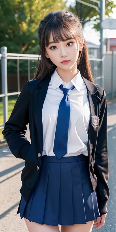 (16k, Raw photo, best image quality, masterpiece: 1.45), (realistic, Photoreal: 1.37), one girl, cute, cityscape,, professional lighting, photon mapping, school classroom, Physically based rendering, dark brown hair,ponytail hairstyle, well-groomed and beautiful eyes、((double eyelid))、super cute girl, (((school uniform、blazer、Long-sleeved shirts worn by Japanese high school girls、ribbon tie、dark blue mini skirt,、dark blue socks、black loafers))), highest quality photos, High resolution, 1080p, (clear face), (Detailed facial description), (detailed description of handasterpiece), (Detailed CG)、extreme light and shadow、messy hair、master work、Rich details、(detailed facial features)、(highest quality photoasseter muscle part)、(detailed eye)、look in front of you、thin clavicle、((slender and big))、(((Japanese female students wear jackets and long-sleeved shirts)))、((neat idol))、((school gate、schoolyard、With the school building in the background))、(Take photos from random viewpoints)、(((Anyway it&#39;s cute)))、big smile、Draw the whole body from the knees、Do not draw fine lines、(((Sports bags used by Japanese female students)))、(Big big breasts with big drooping:1.4)、big firm butt、two arms、two legs、(((from the front:0.3)))、bare hands、(((symmetrical eyes)))、standing pose、There are also chairs、please put your hands on the desk、Do not remove the tie from the jacket、raise your butt:1.5
