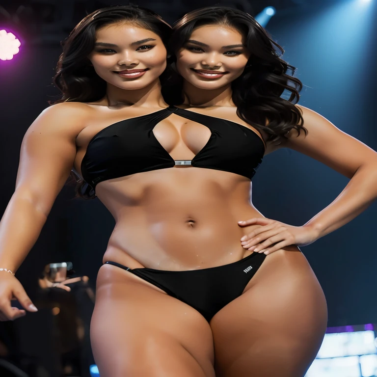 Two women in bikinis posing for a photo on a stage., black bikini, model bikini, Model with attractive body, 2 female models, Beautiful body of fashion model, Beautiful face and figure, Beautiful bikini model, elegant bikini, dressed in bikini belts, black swimsuit, foreground, half body shot, Sensual body with sexy belly, swimsuit model, Cindy Avelino