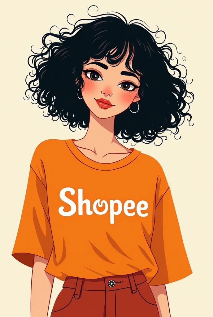 White drawing with black curly hair and orange blouse with shopee written on it
