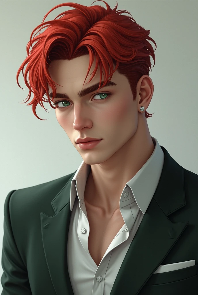 Young man with green eyes and white skin, cherry red hair with bangs on forehead, muscular man in suit realistic realistic style