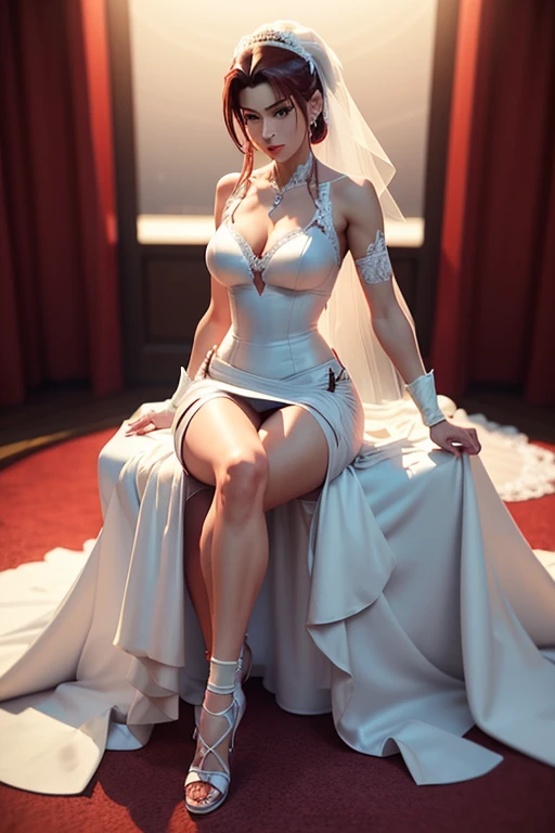 nighttime,full body,KOF:Mai Shiranui ,(((Wearing White wedding dress ))), Jewelry ,Elegant sitting posture,Masterpiece,best quality,official art,extremely detailed, 3D, Cinema 4D,8k,photorealistic:1.4, ( ##tattoo ##,tattoo, ~+ tattoo),(Perfect female curves, huge stacked breast),(A seductive gaze), Facing the camera, Pink lips,Delicate fingers and hands,magic hour, Rembrandt lighting, front lighting and fill lighting, hard shadow, nsfw