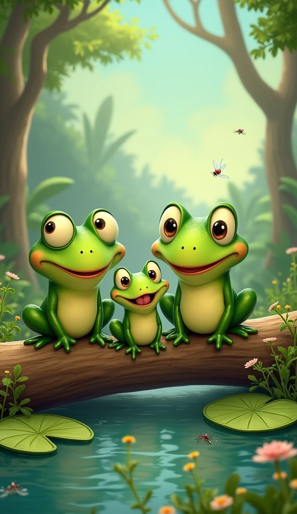 cartoon sapo family with four sapos sitting on a log, sapos, sapo themed, shape of sapos, jumping flying and eating sapos, filme de animação ainda, anfíbios, sapogy, sapos, Rankin Bass Stop Motion de 1960, filme de animação ainda, sapo, peepo the sapo!!!, the wednesday sapo, desenho animado , pepe the sapos at war