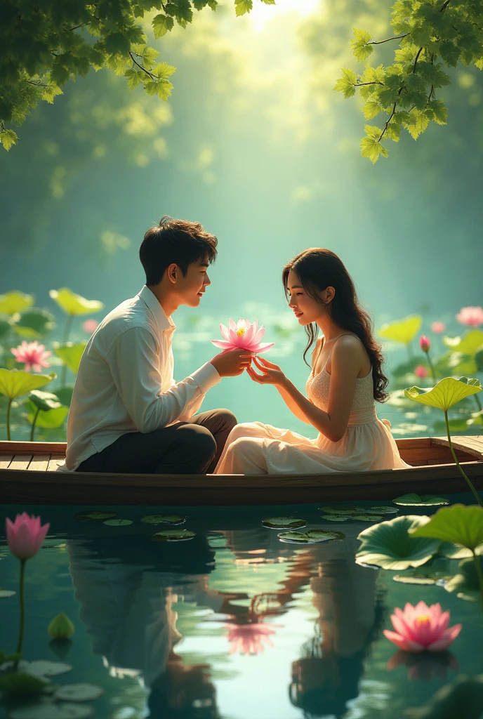 full lenght 4 k In the middle of a garden of love flowers, a beautiful young woman, gentle and sweet, with long black hair flowing, wearing a Thai Dusit dress, a white strapless dress, shimmering in the light, wearing a gold and white sarong with pink sparkles, a white shawl, is picking jasmine flowers into a small basket. There is a handsome young man wearing a white and gold sari, sitting beside the young woman. The morning atmosphere is beautiful, the freshness of the green atmosphere of the love flowers section, along a small stream, oil painting, modern painting, art painting by Professor Chalermchai.