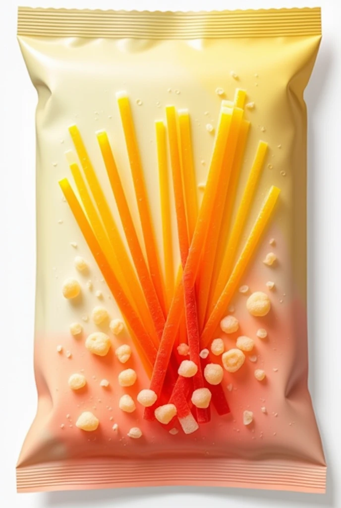 Yellow coloured thin tapioca sticks packet with the water mark of tapioca sticks in a light shade and reddish shaded thin tapioca sticks in centre