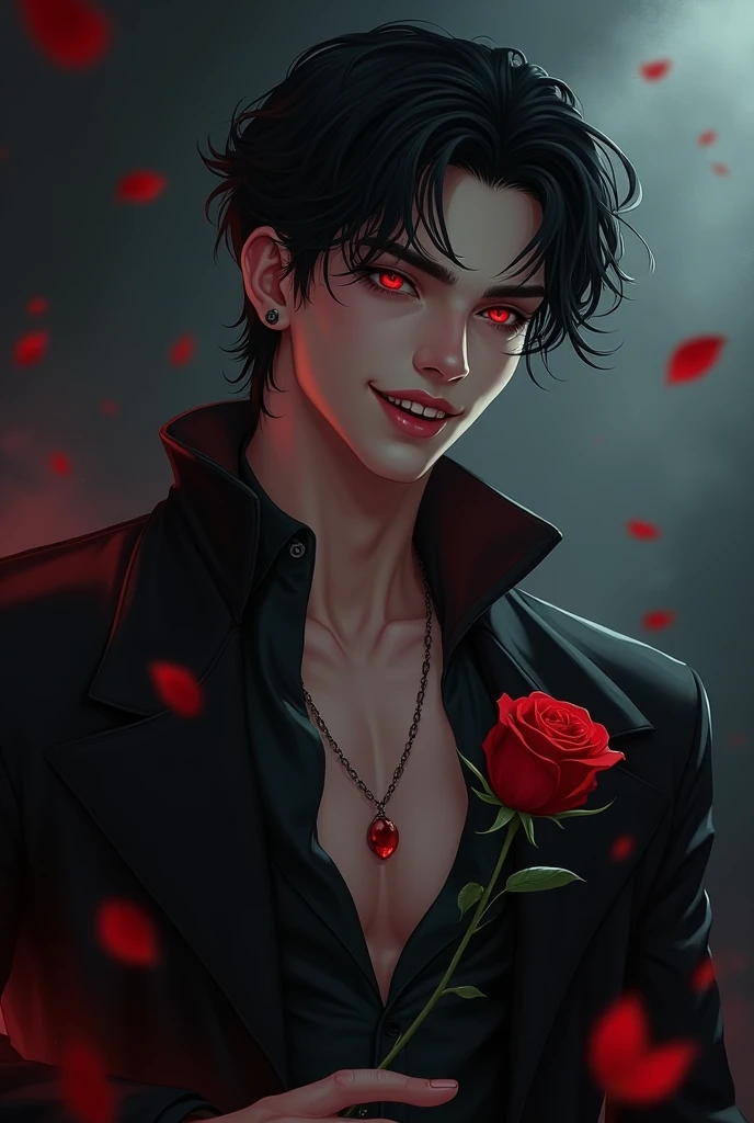 sexy male vampire, young, 19 years, Man, black hair and red eyes, sehr young, smile, smile, vampire teeth, holding rose pose, leaning back, lowering, Front facing