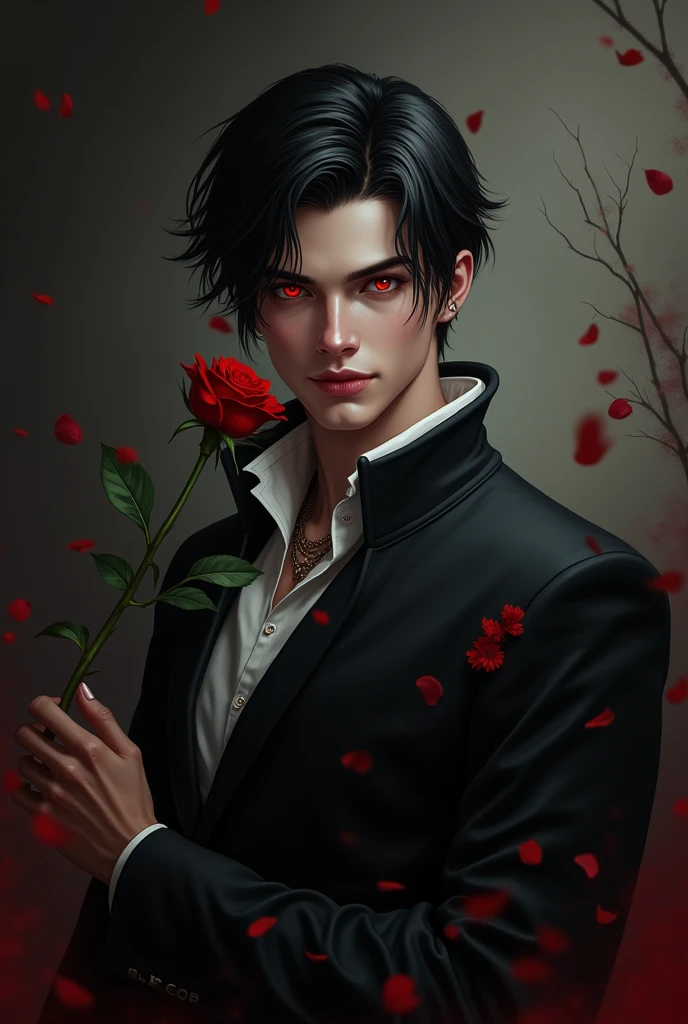 sexy male vampire, young, 19 years, Man, black hair and red eyes, sehr young, smile, smile, vampire teeth, holding rose pose, leaning back, lowering, Front facing