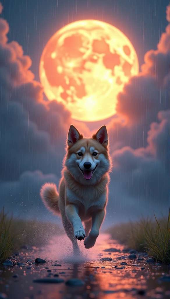 Auspicious clouds,dog run raining Behind the huge moon, Warm colors, Abstract imagery, ultra-realistic realism, Pixar style, 3d effect, (Disney style:1.2), Clear edge light, rim-light, fantasy, spotlight, 8K