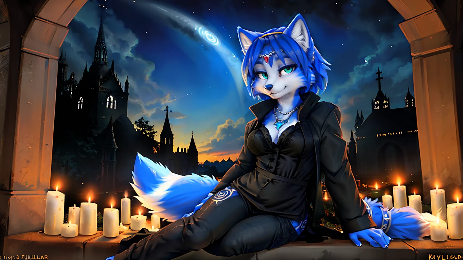 a picture of ((krystal)), Star Fox krystal, lovable, green eyes, medium breasts, (((Long blue hair 1.3))), Decollete, anthro, furry, Uploaded E621, detailed fluffys fell, (von Fluff-Kevlar, Bayard Wu, Pino Daeni), detailed face, (fluffy), 1 girl, alone, sweet girl, attracted, (((black coat))), (((black jeans:1.3))), (((chemise:1.3))) , detailed fur, (Kirchenruine, destroyed church, abandoned church), detailed light, Night color palette, Night pastel soft light, candles,