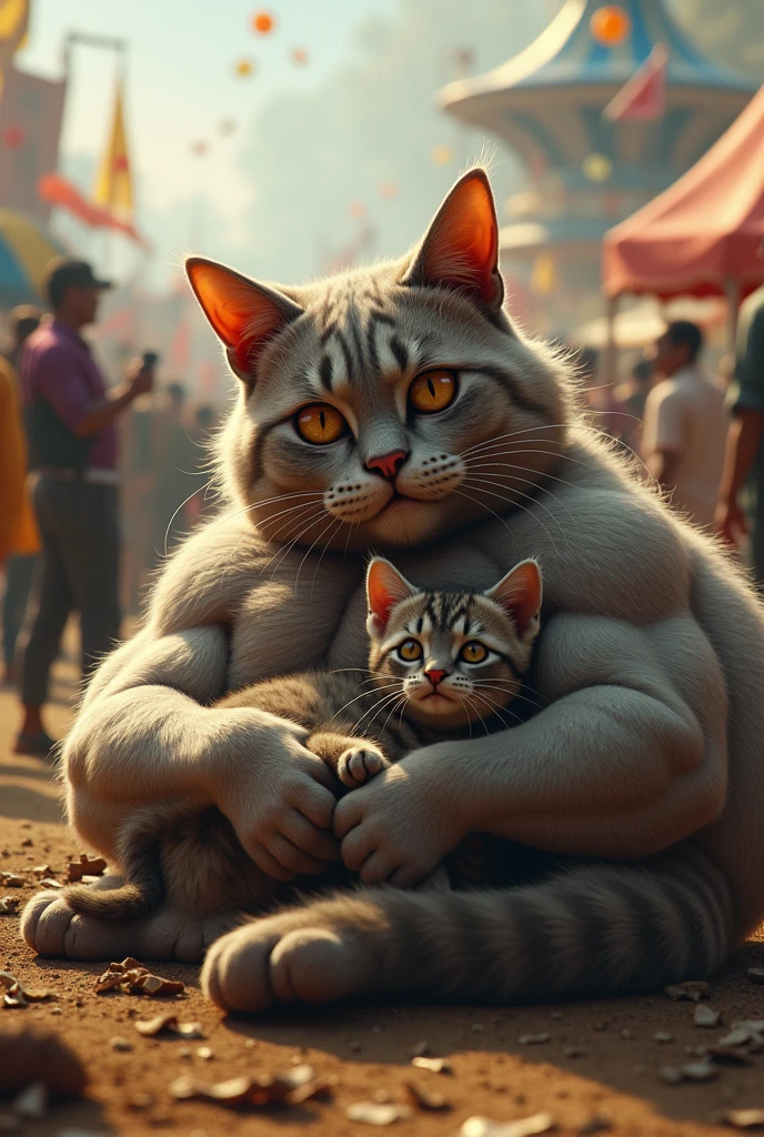 Ik bodybuilder cat Apne bacche ko haanth me pakre hua mela me buri tarah jakhmi hokar niche pade hue hai