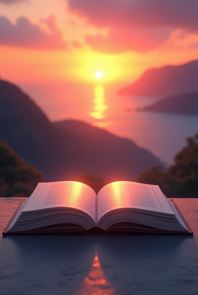 A blank book page with a sunset in the background with the book facing forward with a blank book page